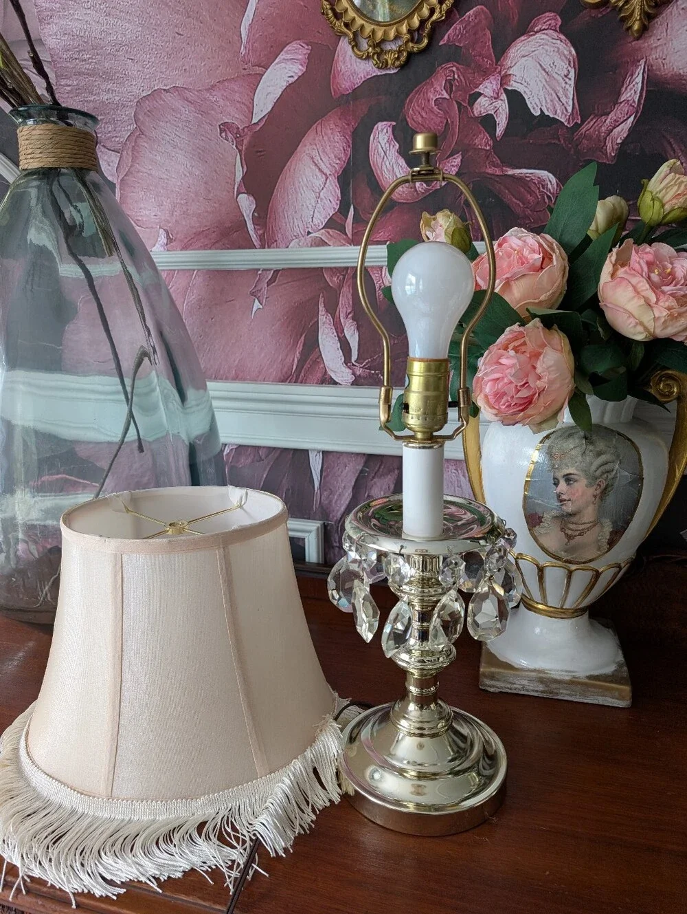 VTG, Set of 2, Regency Crystal Prism Accent, Polished Gold Metal Column LampS